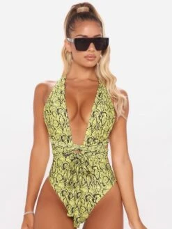 Backless Lace Up Printing One Piece Swimsuit