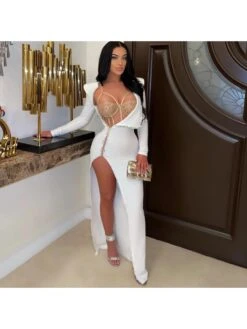 Sexy Slit Hot Drilling Long Sleeve Maxi Dress