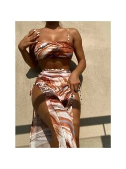 Tie Wrap Printed 3 Piece Slit Skirt Bikini Sets
