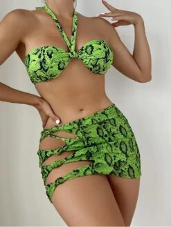 Sexy Snake Print Halter Hollowed Out Bikini Three-Piece Set