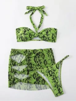 Sexy Snake Print Halter Hollowed Out Bikini Three-Piece Set -BreezeWear Store P 20220810131447546 267