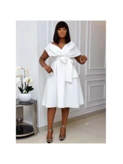 Temperament V-Neck Lace Up Pure Color Dress