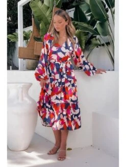 Fashion Loose V Neck Printing Long Sleeve Dress -BreezeWear Store P 20220812115343484 829