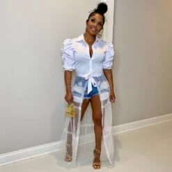 Trendy Solid Color Gauze Patchwork Puff Sleeve Dress