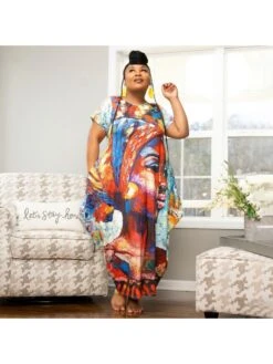 Plus Size Loose Printing Short Sleeve Maxi Dress -BreezeWear Store P 20220812181145627 271