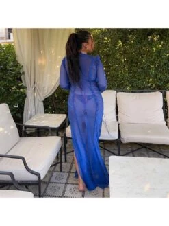 Blue Split Hem Lace Up Reverse Seam Long Dress -BreezeWear Store P 20220816125252278 249