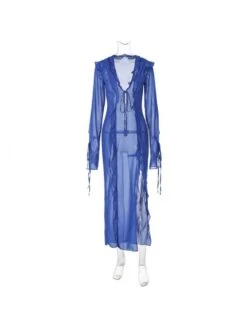 Blue Split Hem Lace Up Reverse Seam Long Dress -BreezeWear Store P 20220816125254660 494