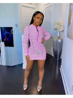 Temperament Plaid Zipper Women's Long Sleeve Dress