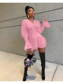 Casual V Neck Ruched Lantern Neck Short Dress