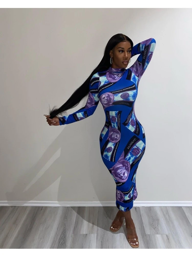 Round Neck Dollar Printing Blue Long Sleeve Dress 3 Round Neck Dollar Printing Blue Long Sleeve Dress