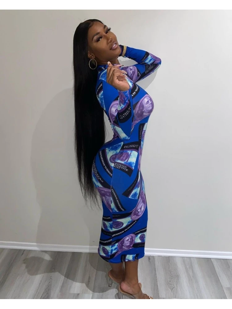 Round Neck Dollar Printing Blue Long Sleeve Dress 4 Round Neck Dollar Printing Blue Long Sleeve Dress - Image 2