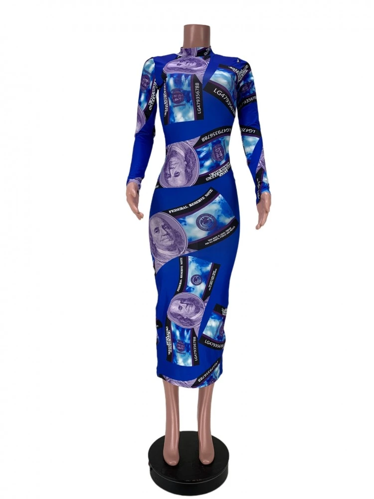 Round Neck Dollar Printing Blue Long Sleeve Dress 5 Round Neck Dollar Printing Blue Long Sleeve Dress - Image 3