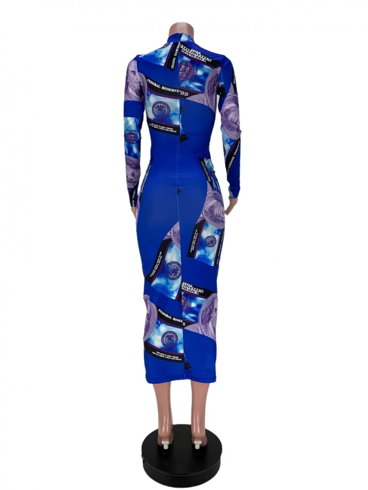 Round Neck Dollar Printing Blue Long Sleeve Dress 7 Round Neck Dollar Printing Blue Long Sleeve Dress - Image 5