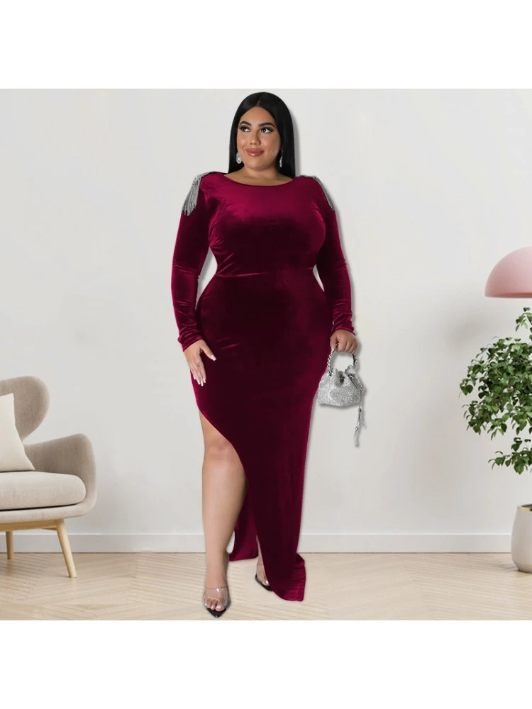 Rhinestone Chain Tassel Slit Plus Size Maxi Dress 3 Rhinestone Chain Tassel Slit Plus Size Maxi Dress