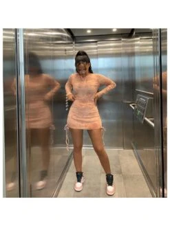 Apricot Crew Neck Drawstring Women's Long Sleeve Dress