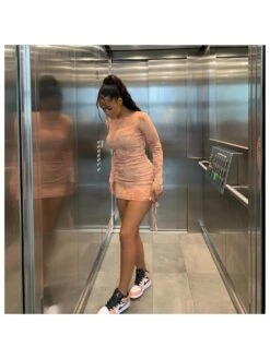 Apricot Crew Neck Drawstring Women's Long Sleeve Dress -BreezeWear Store P 20221205173155148 494