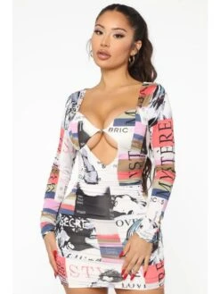 V Neck Cut Out Blue Long Sleeve Mini Dress -BreezeWear Store P 20221214145548121 974