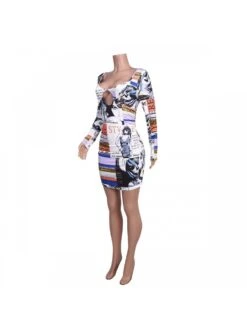 V Neck Cut Out Blue Long Sleeve Mini Dress -BreezeWear Store P 20221214145555406 875