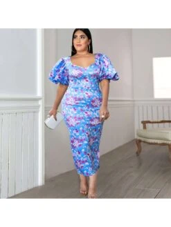 Lantern Sleeve Printing Plus Size Dress