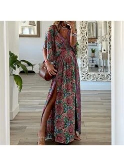 Loose Split Hem Red Short Sleeve Long Dress