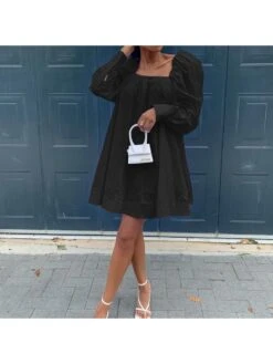 Fall Square Neck Loose Puff Sleeve Short Dress