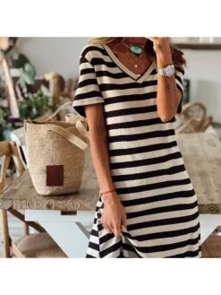 Summer V Neck Striped White Short Sleeve Dress