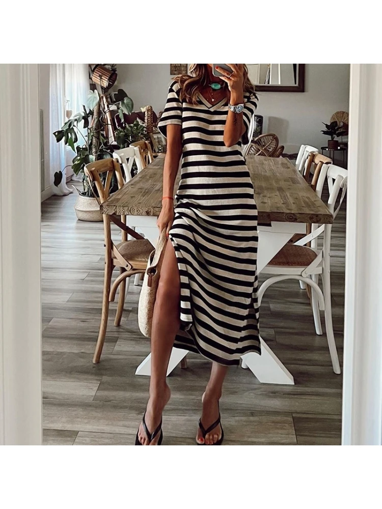Summer V Neck Striped White Short Sleeve Dress 4 Summer V Neck Striped White Short Sleeve Dress - Image 2