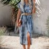 Casual Blue Printed Tie Wrap Midi Dresses -BreezeWear Store P 20230208094250034 165