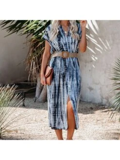 BreezeWear Store 27 Casual Blue Printed Tie Wrap Midi Dresses