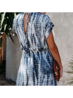 Casual Blue Printed Tie Wrap Midi Dresses -BreezeWear Store P 20230208094254757 587