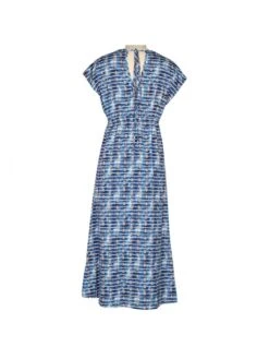 Casual Blue Printed Tie Wrap Midi Dresses -BreezeWear Store P 20230208094259460 120
