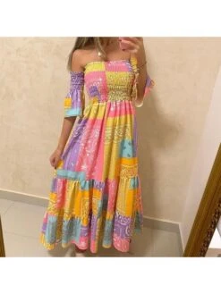 Paisley Printed Ruffles Off The Shoulder Maxi Dress