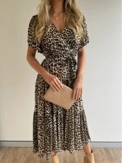 Leopard Print V Neck Short Sleeve Dress