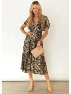 Leopard Print V Neck Short Sleeve Dress -BreezeWear Store P 20230209174852010 661