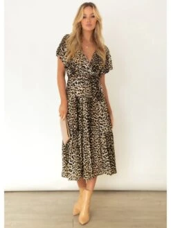 Leopard Print V Neck Short Sleeve Dress -BreezeWear Store P 20230209174854649 938
