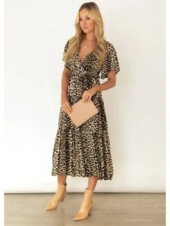 Leopard Print V Neck Short Sleeve Dress -BreezeWear Store P 20230209174857028 348