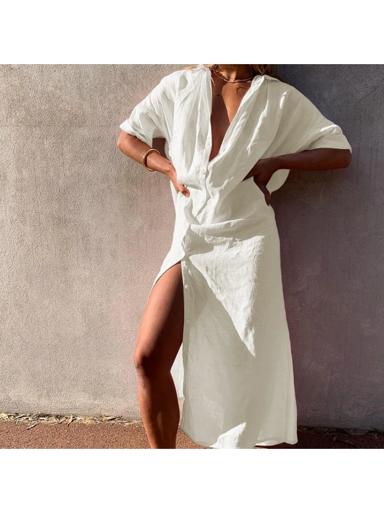Cotton Linen Plain Button Up Half Sleeve Shirt Dress 3 Cotton Linen Plain Button Up Half Sleeve Shirt Dress