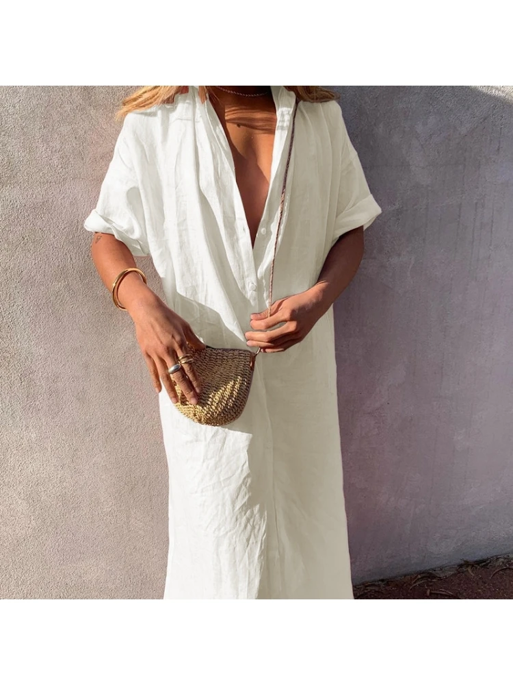 Cotton Linen Plain Button Up Half Sleeve Shirt Dress 4 Cotton Linen Plain Button Up Half Sleeve Shirt Dress - Image 2