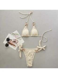 White Halter Backless Women's Bikini Swimsuit 11 White Halter Backless Women's Bikini Swimsuit -BreezeWear Store P 20230215093216628 781