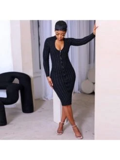 Black Zipper Hot Drilling Long Sleeve Mid-length Dress