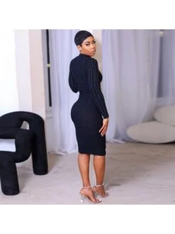 Black Zipper Hot Drilling Long Sleeve Mid-length Dress -BreezeWear Store P 20230218100217298 842