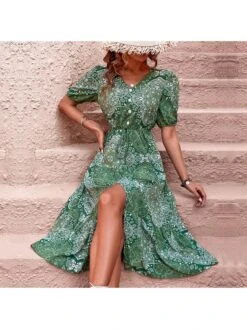 Boho Style Paisley V Neck Puff Sleeve Ruffles Dress -BreezeWear Store P 20230301124129284 593