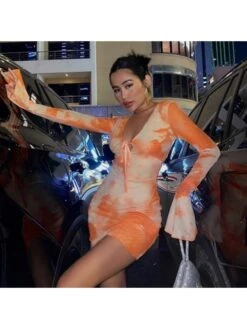 V Neck Orange Tie Dye Long Sleeve Mini Dress -BreezeWear Store P 20230316173407797 329