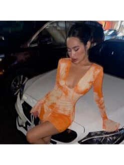 V Neck Orange Tie Dye Long Sleeve Mini Dress -BreezeWear Store P 20230316173410134 974