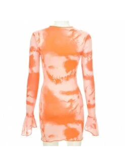 V Neck Orange Tie Dye Long Sleeve Mini Dress -BreezeWear Store P 20230316173417053 750