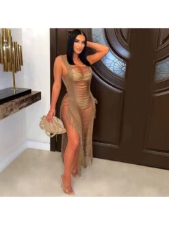 2023 Sexy See Through Ripped Tassel Sleeveless Dress