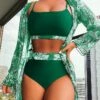 Green Printed 3 Piece Cover Up Bikini Sets For Women -BreezeWear Store P 20230417093204477 781