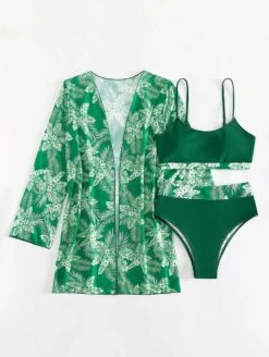Green Printed 3 Piece Cover Up Bikini Sets For Women -BreezeWear Store P 20230417093209185 793