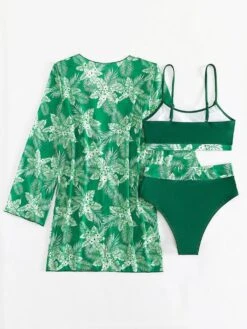 Green Printed 3 Piece Cover Up Bikini Sets For Women -BreezeWear Store P 20230417093211506 885
