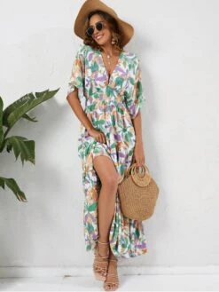 Vacation Floral Drawstring Short Sleeve Maxi Dress -BreezeWear Store P 20230503145830008 595